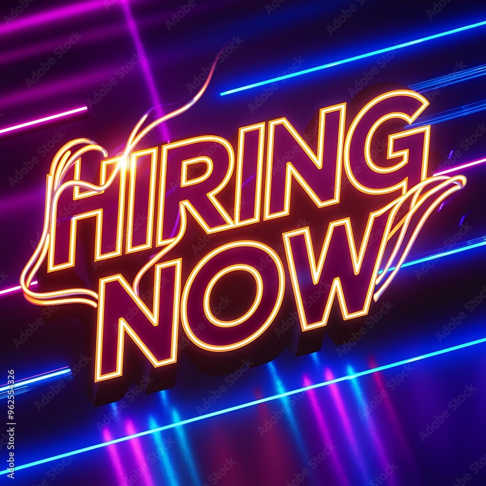Hiring now neon text social media post design. Ai generative. Hiring now neon text social media post design. Ai generative.