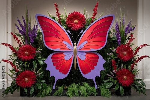 Bold Flower Display with a Radiant Butterfly in Crimson and Lavender