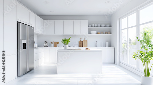 clean white kitchen with simple cabinets, built-in appliances, and a minimalist island in the center