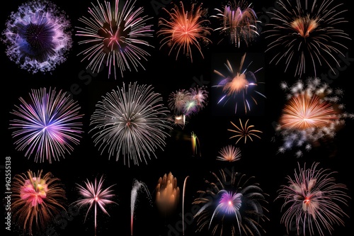 Collection of colorful fireworks bursting in the night sky.