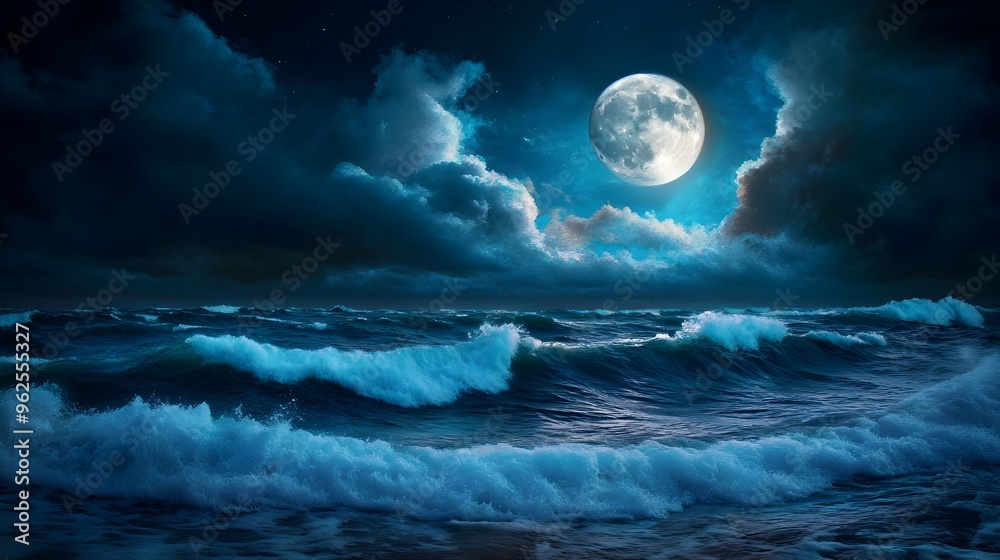 Tranquil Moonlit Ocean Waves with Dreamlike Serenity and Romantic Allure Tranquil Moonlit Ocean Waves with Dreamlike Serenity and Romantic Allure