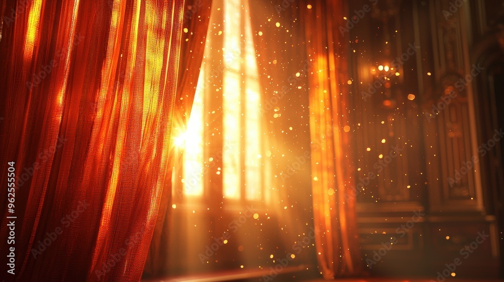 Soft diffuse lighting across a curtain, warm tones, classic theater atmosphere, inviting and cozy Soft diffuse lighting across a curtain, warm tones, classic theater atmosphere, inviting and cozy