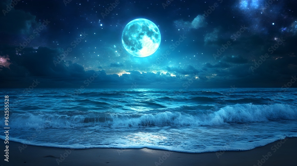 Glowing Moonlit Ocean with Serene Rippling Waves and Shimmering Starlit Sky Glowing Moonlit Ocean with Serene Rippling Waves and Shimmering Starlit Sky