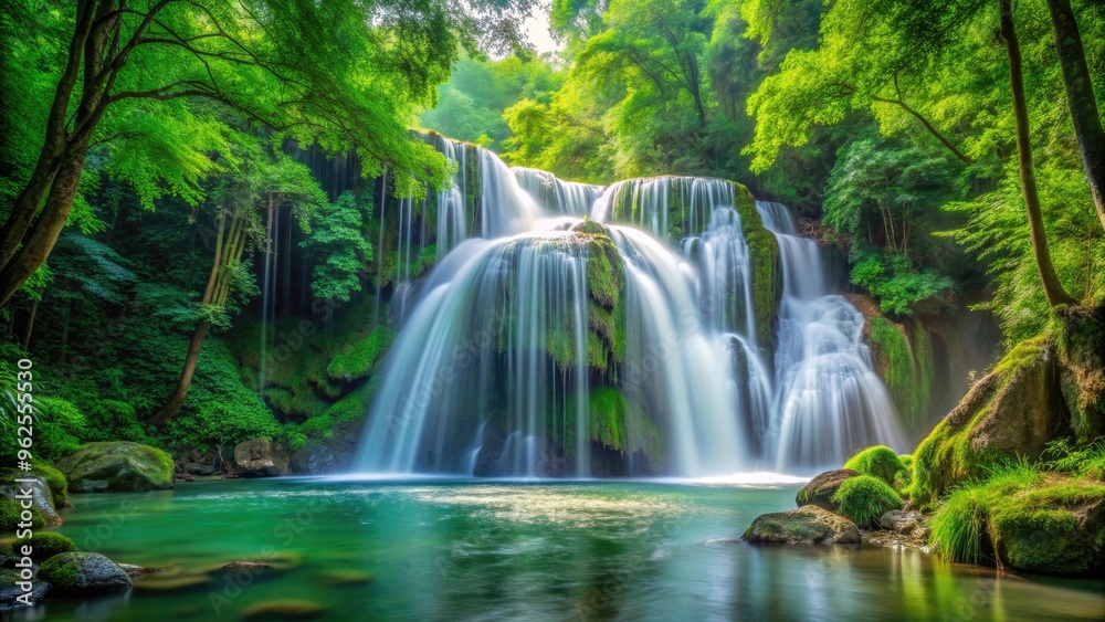 Waterfall cascading through lush green forest, waterfall, forest, nature, landscape, scenic, peaceful, tranquil, serene Waterfall cascading through lush green forest, waterfall, forest, nature, landscape, scenic, peaceful, tranquil, serene