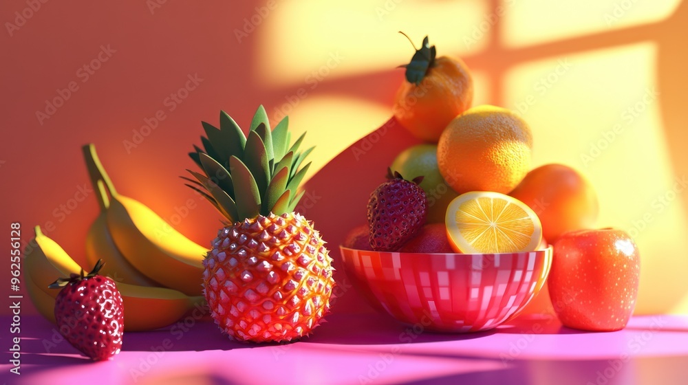 Pineapple, bananas, oranges, strawberries, and apple on a pink surface Pineapple, bananas, oranges, strawberries, and apple on a pink surface
