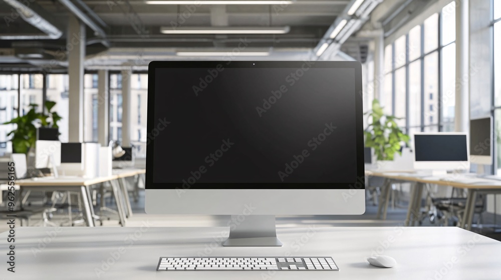 Close up of a desktop computer on a white desk in a modern office. Close up of a desktop computer on a white desk in a modern office.