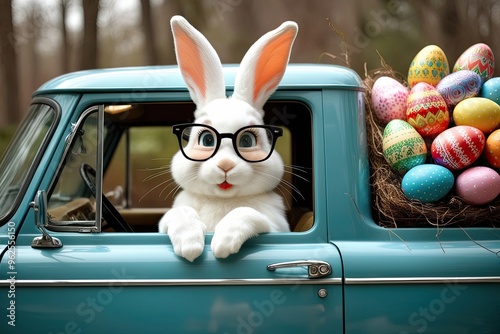 Charming Easter Bunny with Stylish Glasses Peeking from Retro Car Full of Colorful Eggs