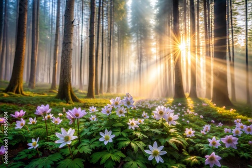 Serene morning sun rays in flowering forest with mist and evergreen trees