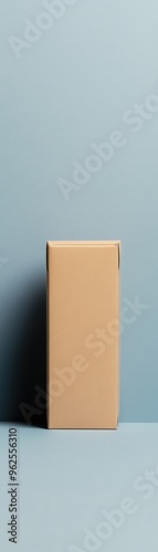 A minimalist scene featuring a beige box against a soft blue background, ideal for product display and branding purposes.