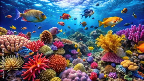 Vibrant coral reef with diverse marine life swimming among colorful fish, coral reef, underwater, marine life, vibrant