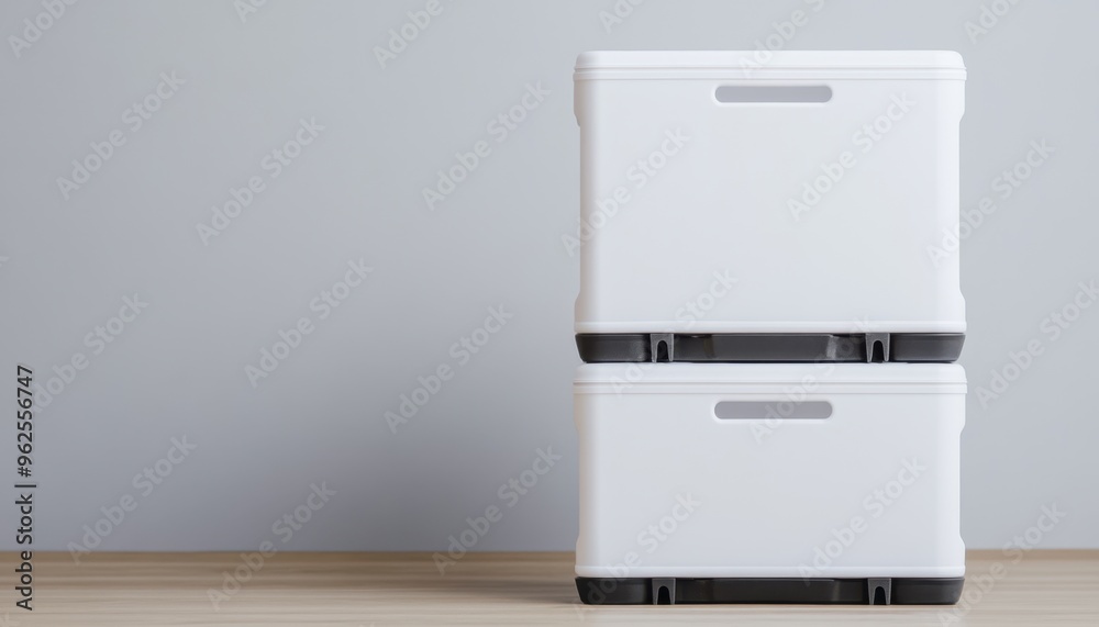 Stacked white storage boxes on a wooden surface against a gray wall, ideal for organization and minimalistic decor. Stacked white storage boxes on a wooden surface against a gray wall, ideal for organization and minimalistic decor.