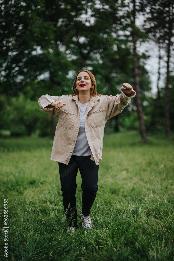 Obraz premium A joyful woman dancing in a lush green park, expressing freedom and happiness in a natural setting.