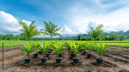 Reforestation project with growing trees in a biodiverse ecosystem. photo