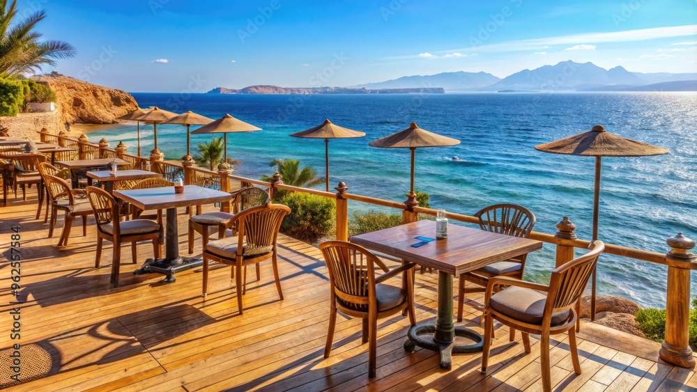 Relaxing cafe with outdoor seating overlooking the Red Sea coastline in Sharm El Sheikh, Egypt, cafe Relaxing cafe with outdoor seating overlooking the Red Sea coastline in Sharm El Sheikh, Egypt, cafe