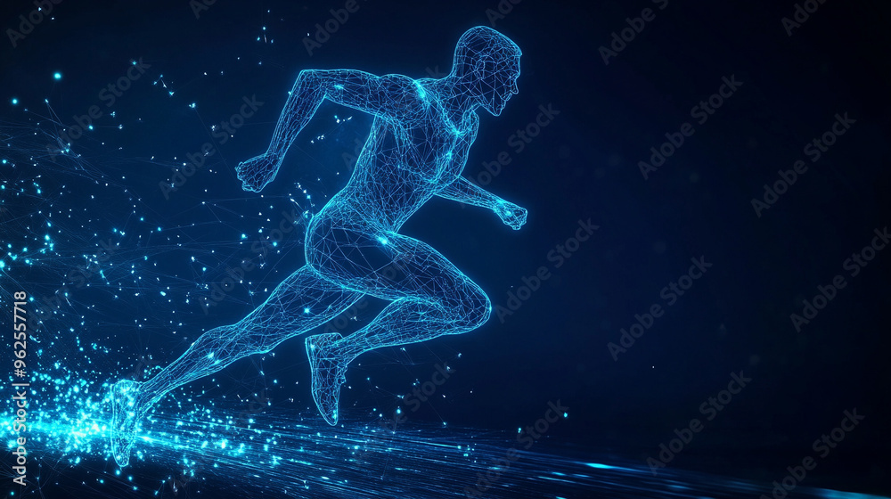 Fototapeta premium Blue glowing wireframe hologram athlete running