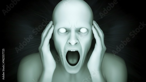 A ghostly pale figure with stark white eyes and skin emits a horrifying scream, hands pressed to its head in distress, surrounded by a dark, shadowy background.