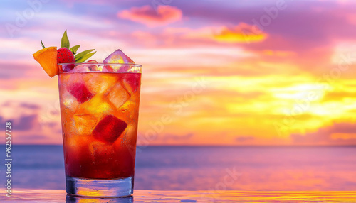 A refreshing cocktail garnished with fruit, set against a vibrant sunset over the ocean.