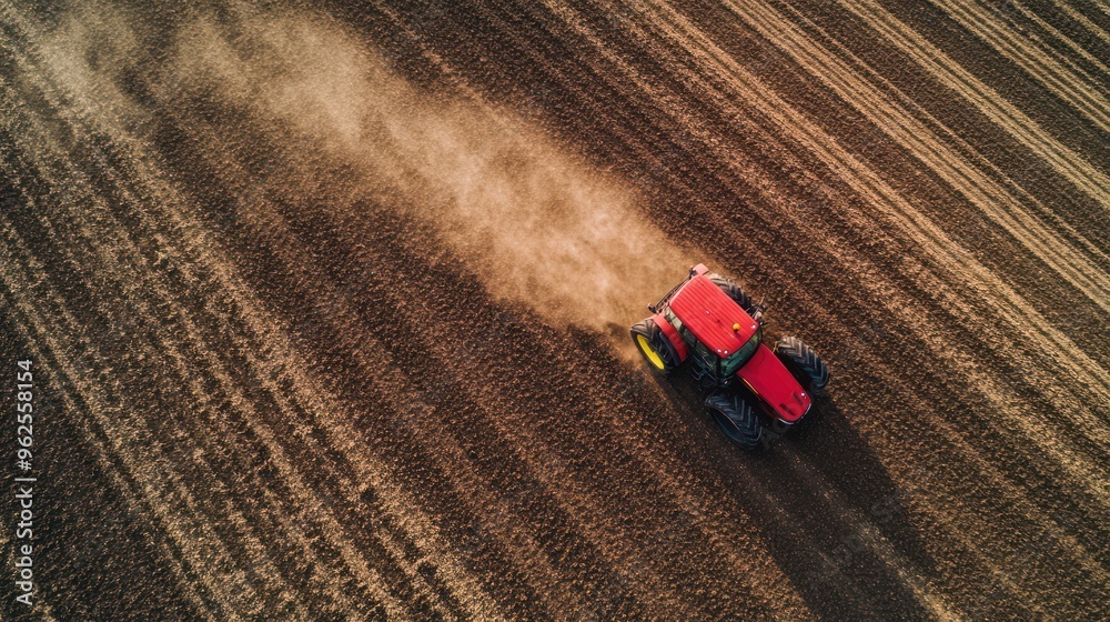 Red Tractor Cultivating a Field, Aerial View Red Tractor Cultivating a Field, Aerial View