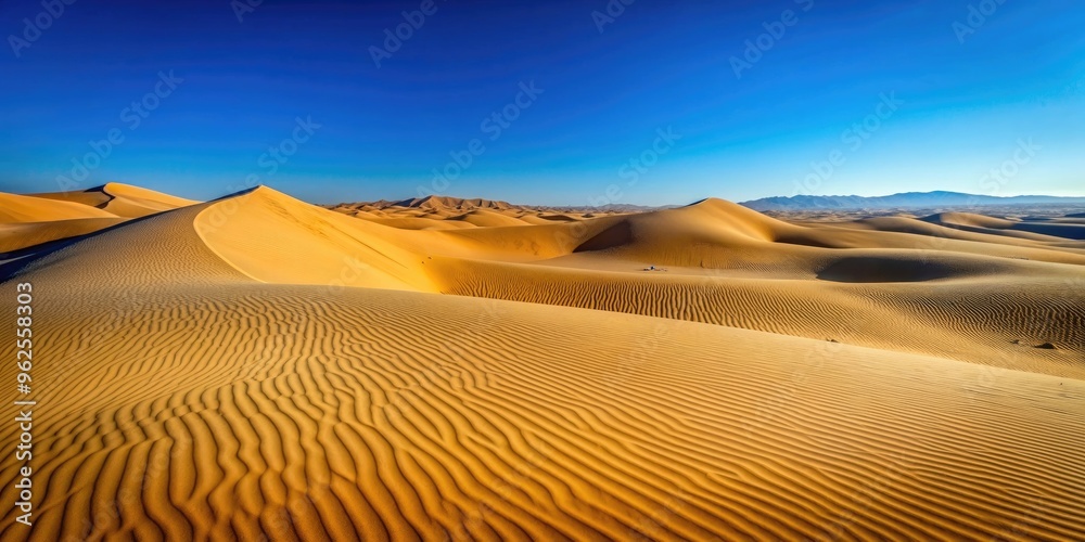 Naklejka premium Desert landscape with smooth sand dunes under a clear blue sky, Sand, dunes, desert, landscape, nature, arid, dry, hot