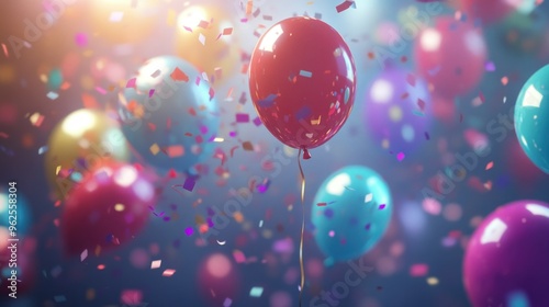 Red Balloon Floating in Confetti with Colorful Balloons in Background