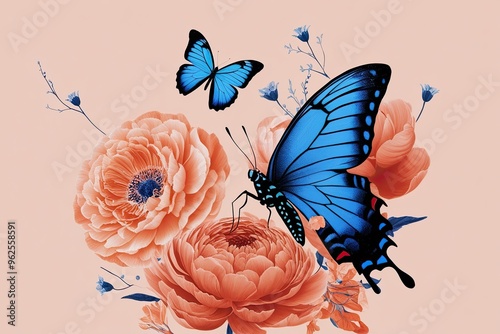 Mesmerizing Peach and Indigo Floral Composition with a Radiant Butterfly