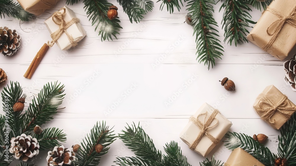 Christmas Gifts on Rustic White Wood Background Christmas Gifts on Rustic White Wood Background