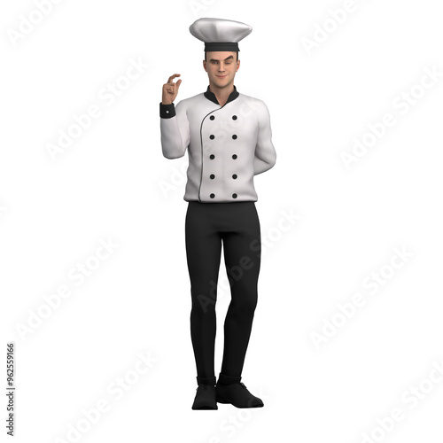 3D Model of Professional Male Chef. A male chef stands with his hand making an "OK" gesture, indicating satisfaction and perfection of the cooking result that has been made. Cartoon