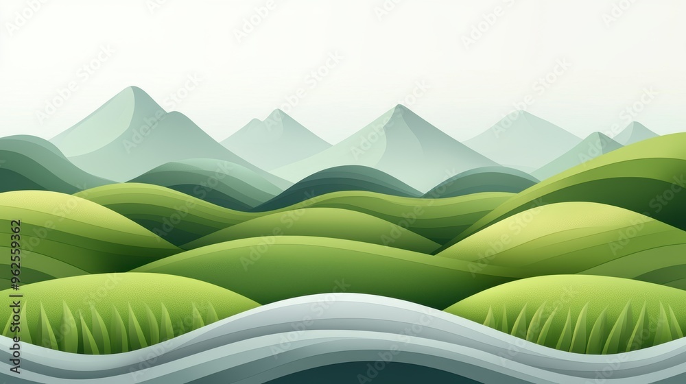 Obraz premium A serene landscape featuring rolling green hills and distant mountains, perfect for serene and calming settings.