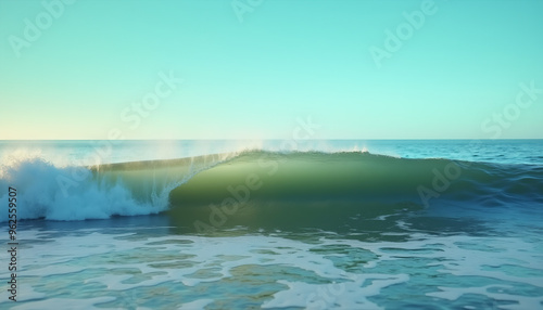 Tranquil Ocean Wave with Calm Sky and Rolling Surf