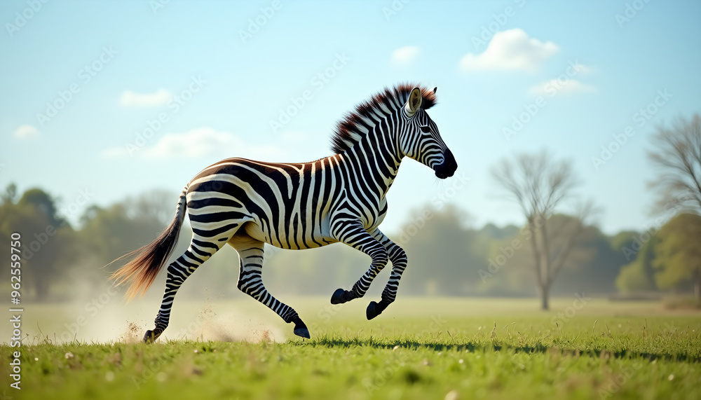 Naklejka premium Zebra Galloping Across Open Field in Daylight