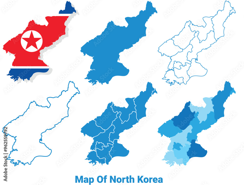 Fototapeta premium North Korea Maps in different style political map flag outline vector illustration set