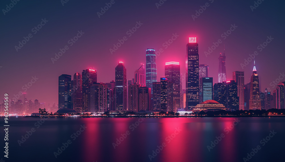 Fototapeta premium Futuristic Cityscape with Neon Pink and Purple Glow