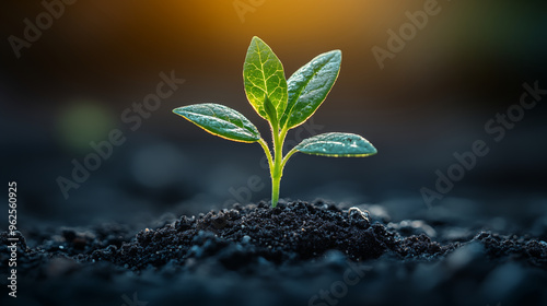 Young plant seedling emerges from soil in warm sunlight. Concept of growth and nature.