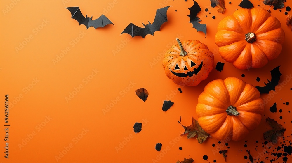 Halloween Flat Lay with Pumpkins and Bats on Orange Background Halloween Flat Lay with Pumpkins and Bats on Orange Background