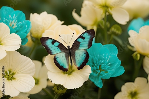 Enchanting Butterfly Among Cream and Turquoise Blooms