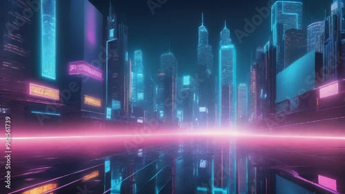 Neon City Night View with Reflective Road