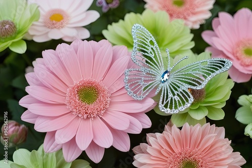 Pastel Pink and Green Garden Flowers with a Sparkling Butterfly