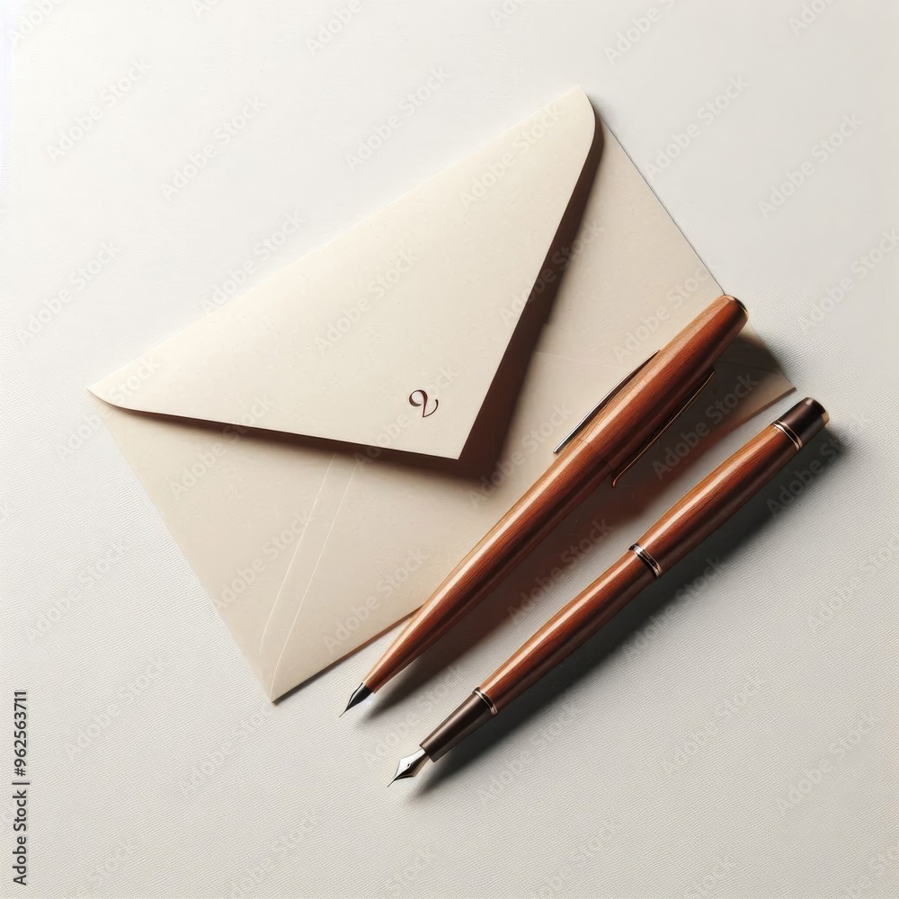 Elegant wooden pen paired with an envelope, isolated on a plain white surface Elegant wooden pen paired with an envelope, isolated on a plain white surface
