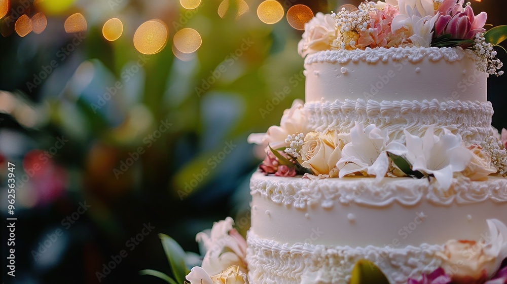 White Wedding Cake with Floral Decorations and Bokeh Lights White Wedding Cake with Floral Decorations and Bokeh Lights