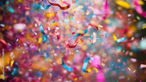 Confetti and streamers fill the air in a vibrant, joyful celebration