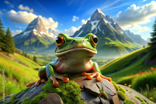 Green Tree Frog Sitting on a Rock in Front of Mountainous Landscape photo