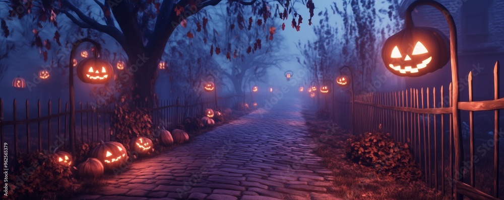 Deserted Alleyway Illuminated by Flickering Lanterns with Halloween Decorations Draped Over Fences Deserted Alleyway Illuminated by Flickering Lanterns with Halloween Decorations Draped Over Fences