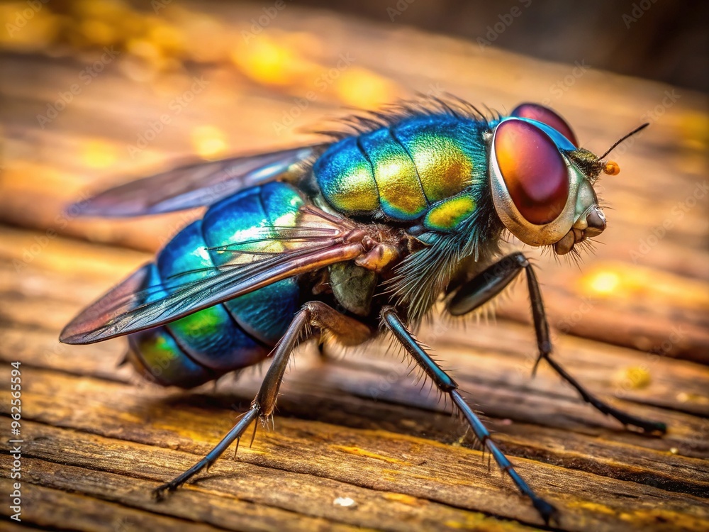 A close-up of a metallic blue bottle fly with iridescent wings and compound eyes perched on a weathered wooden surface amidst warm golden lighting. A close-up of a metallic blue bottle fly with iridescent wings and compound eyes perched on a weathered wooden surface amidst warm golden lighting.