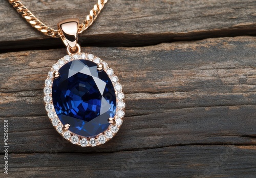 Elegant blue gemstone pendant on wooden background