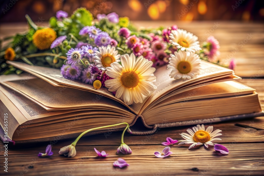 Open book with vibrant flowers on wooden tabletop in warm and cozy setting Open book with vibrant flowers on wooden tabletop in warm and cozy setting