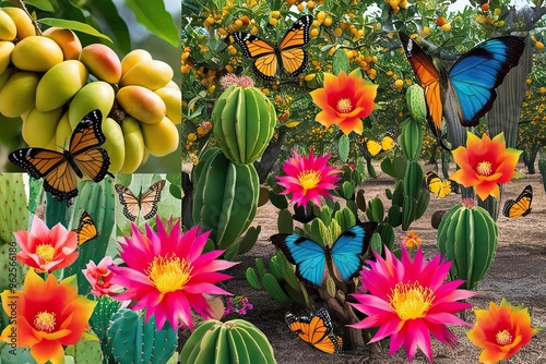 Vibrant Mango Orchard Featuring Morpho Butterflies and Colorful Cactus Flowers in Stunning Fabric Collages