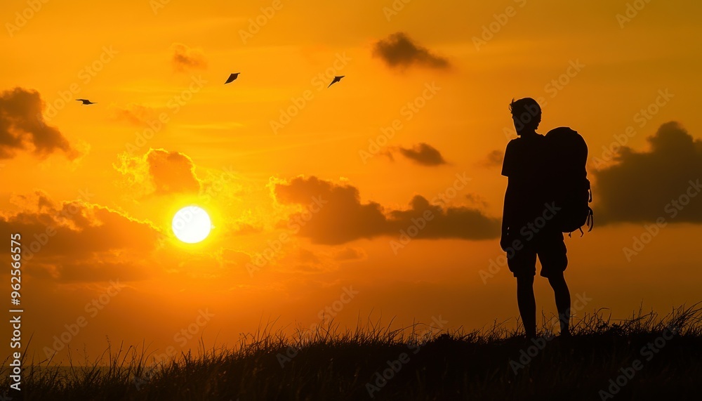 Silhouette of a Person with a Backpack at Sunset Silhouette of a Person with a Backpack at Sunset