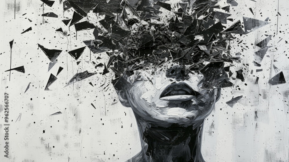 A striking monochrome abstract artwork depicting a human face shattered into countless fragments. The dynamic and chaotic composition conveys themes of fragmentation, identity, and turmoil.