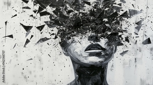Obraz na płótnie A striking monochrome abstract artwork depicting a human face shattered into countless fragments. The dynamic and chaotic composition conveys themes of fragmentation, identity, and turmoil. w salonie