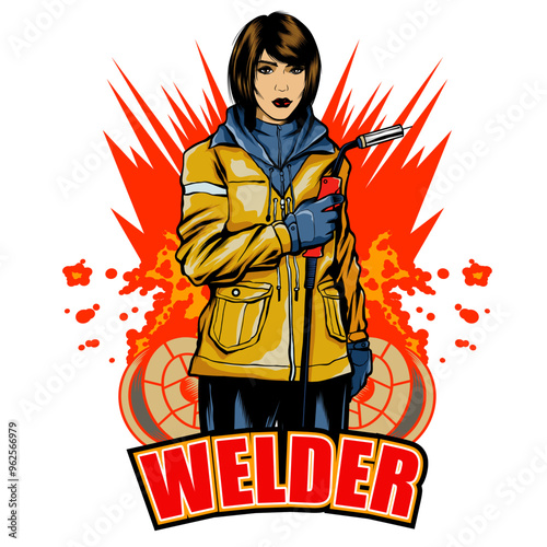 Women welder with fire background vector illustration